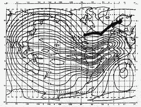 Карта критических частот области F, март, 0200 UTC, SSN=100