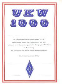 Внешний вид диплома UKW 1000 (WORKED 1000 VHF/UHF/SHF STATIONS WITHIN ONE YEAR)