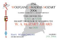 Внешний вид диплома W. A. MOZART AWARD