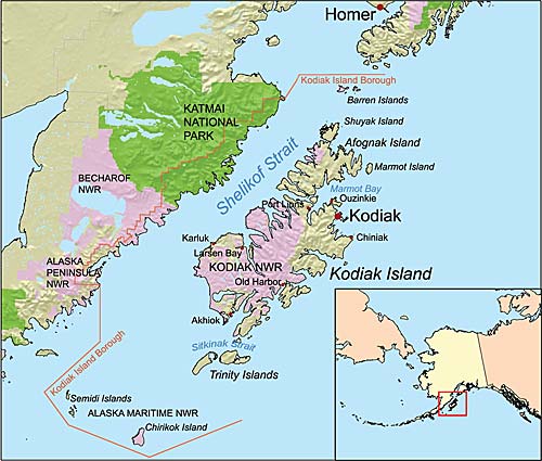 Карта острова Kodiak и прилегающих территорий