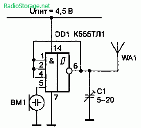 Радиомикрофон на К555ТЛ1 без катушки индуктивности (80—100 МГц)