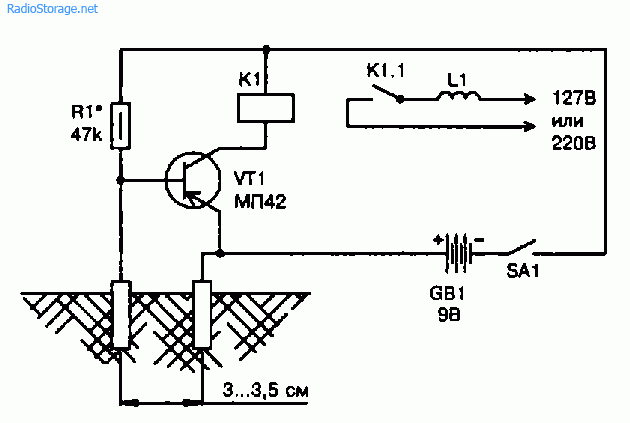 Схема сигнализатора полива растений на одном транзисторе