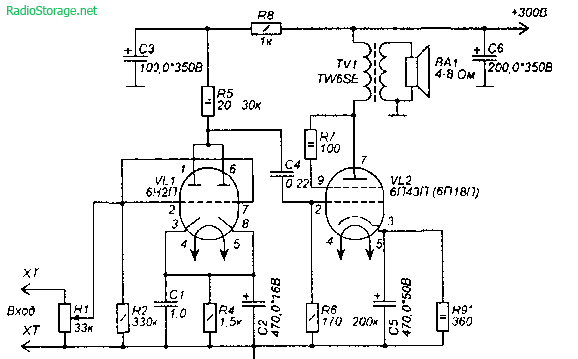 Схема лампового усилителя мощности на 6Н2П, 6П43П (2-3Вт)