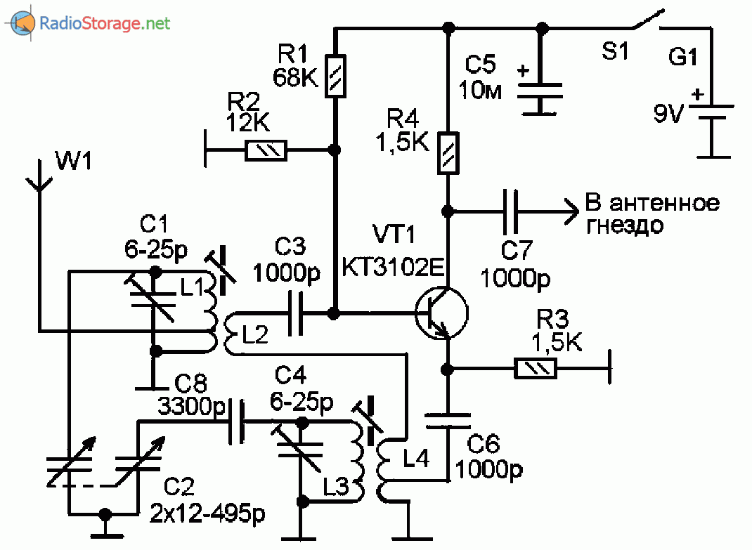 Принципиальная схема СВ-КВ конвертера на транзисторе КТ3102