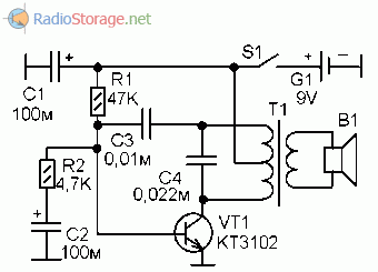 Принципиальная схема квартирного звонка на транзисторе КТ3102