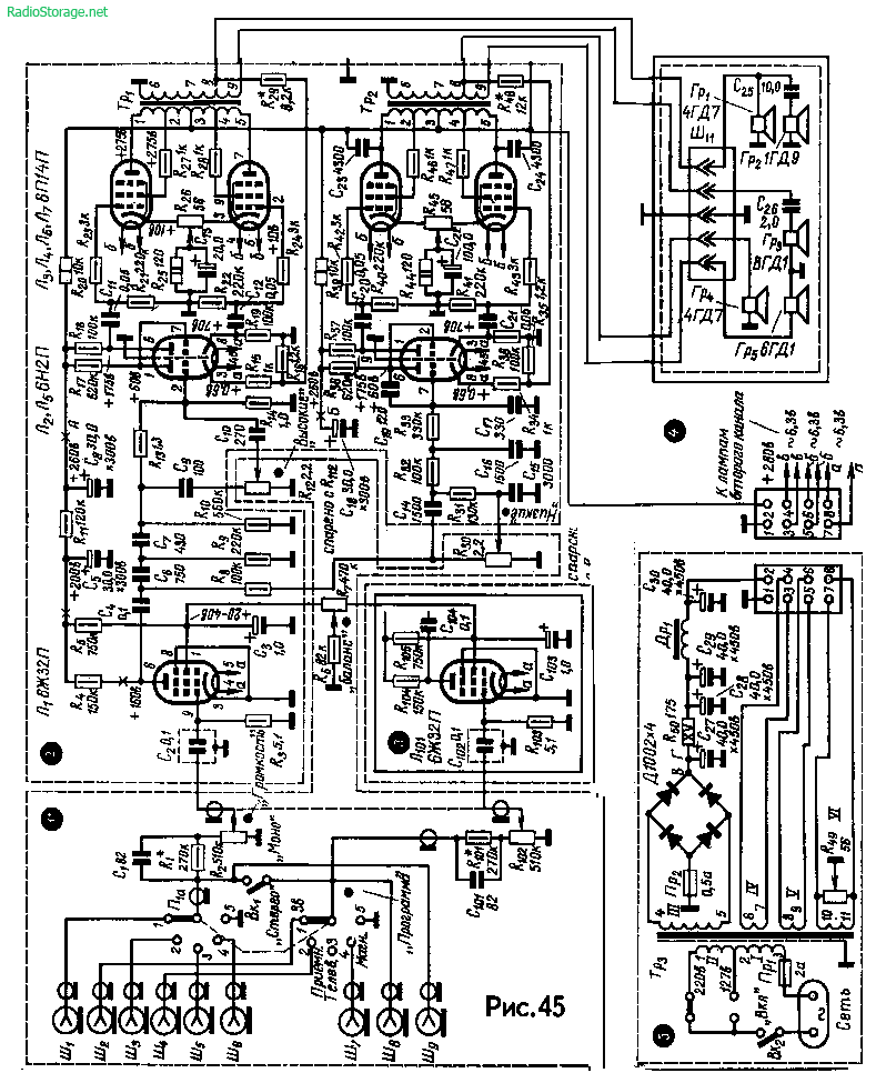 Схема лампового стерео УМЗЧ Г. Карасева на 6Ж32П, 6Н2П, 6П14П (24Вт)