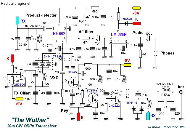 QRP CW микротрансивер Wuther 20m (14,032 - 14,065 MHz), схема