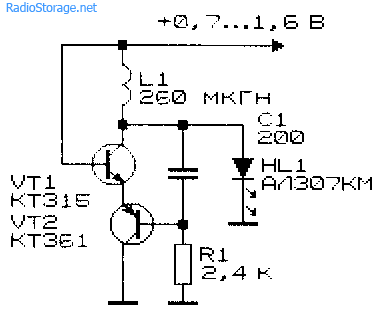 Схема простого преобразователя напряжения для светодиода с катушкой от ПЧ-контура приемника