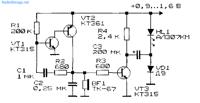 Принципиальная схема преобразователя напряжения для светодиода на основе генератора ЗЧ