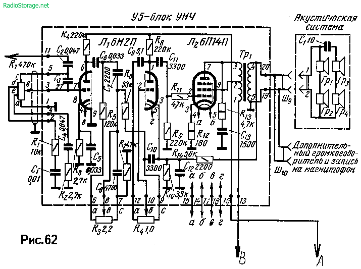 Схема лампового УНЧ радиолы Ригонда на 6Н2П, 6П14П