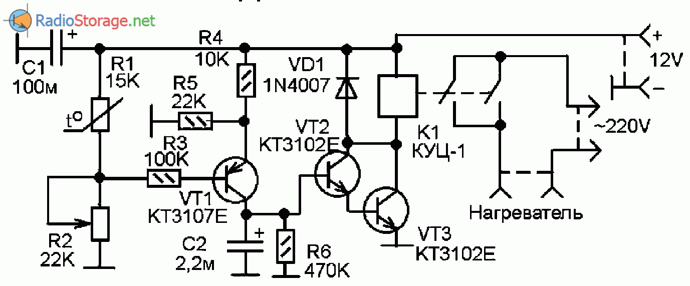 Принципиальная схема простого термостата на транзисторах КТ3102, КТ3107