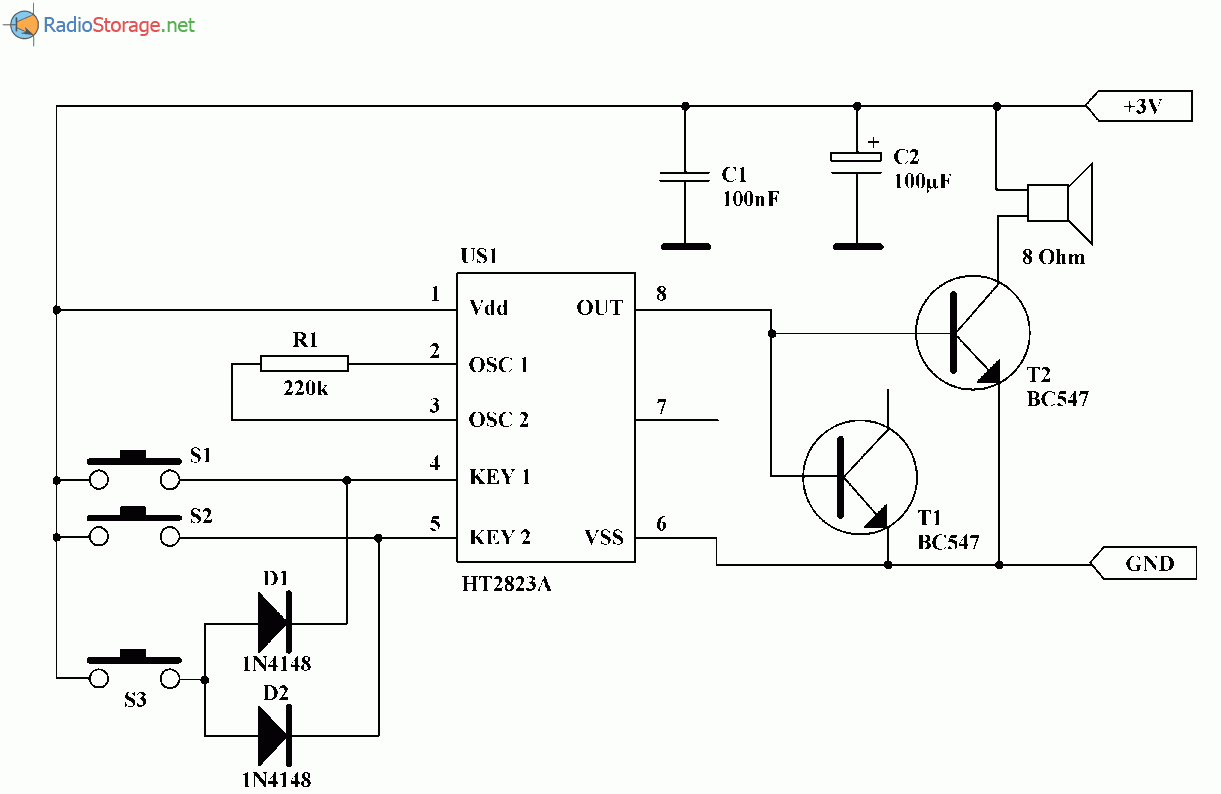 Звуковой сигнализатор на три тона (НТ2823), схема