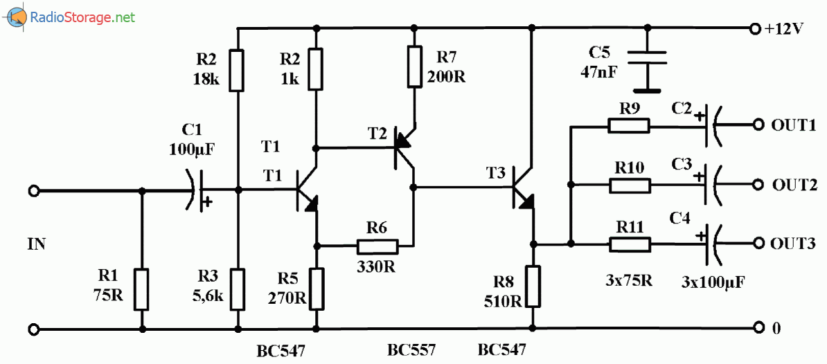 Буферный видеоусилитель на транзисторах, схема