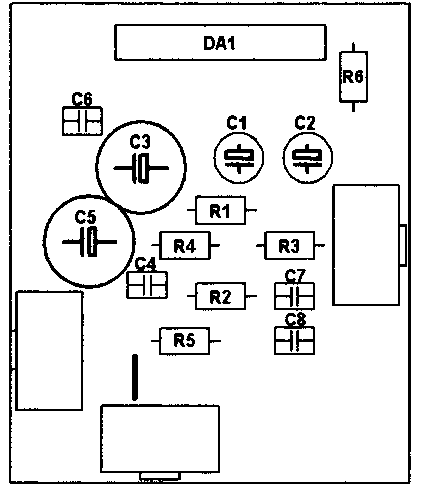 Схема расположения элементов на плате стерео-усилителя