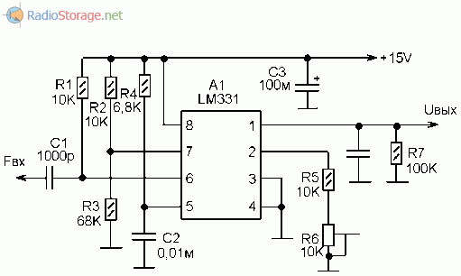 Принципиальная схема преобразователя частоты в напряжение на микросхеме LM331