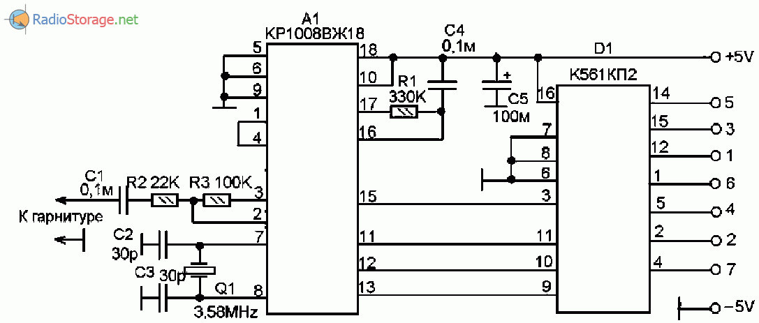 Принципиальная схема дистанционного управления при помощи телефона на микросхеме КР1008ВЖ18