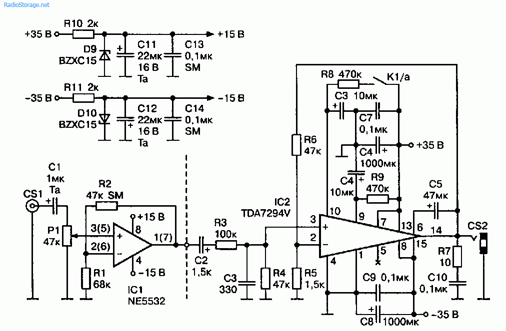 Схема УМЗЧ на ИМС TDA7294V (100 Вт)