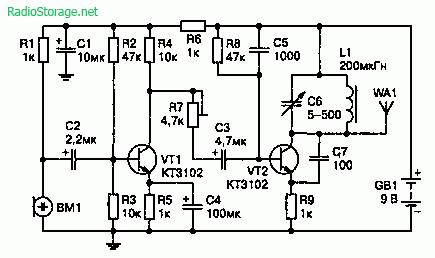 Схема AM передатчика 500—1500 кГц на двух транзисторах