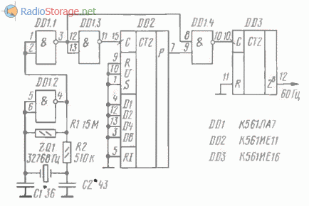 Принципиальная схема генератора импульсов частотой 60 Гц