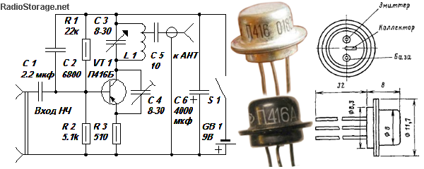 Принципиальная схема простого УКВ ЧМ (FM) радиопередатчика на транзисторе П416