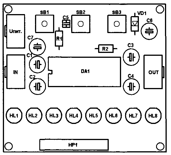 Схема расположения элементов на плате регулятора громкости  LC7530