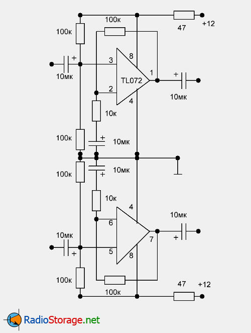 Схема входных усилителей на микросхеме Tl071