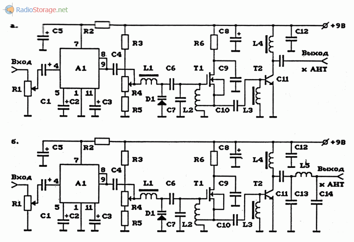 Схемы УКВ ЧМ-передатчиков повышенной мощности на полевых транзисторах с усилителями мощности и с УНЧ на ИС 122УС1Д