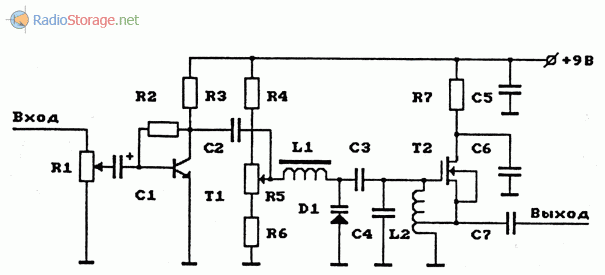 Схема УКВ ЧМ-передатчика на полевом транзисторе с изолированным затвором, с электронной перестройкой частоты