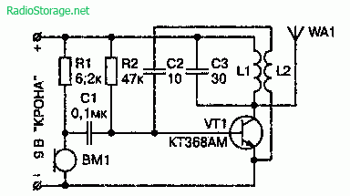 Схема радиомикрофона на транзисторе КТ368АМ (9В, дальность 100м)