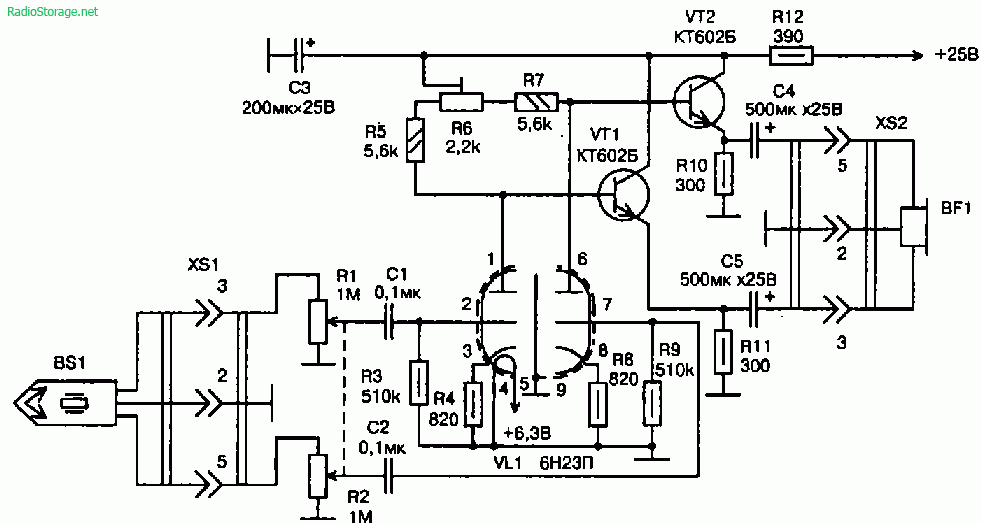 Схема гибридного усилителя (лампа+транзисторы) для стереонаушников