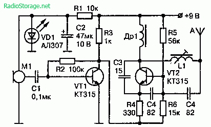 Схема АМ передатчика 27—28 МГц (9В, 100м)